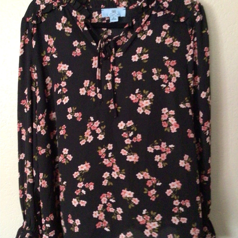 CeCe Black and Pink Floral Blouse